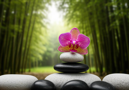 A vibrant pink orchid flower is delicately balanced on a stack of smooth black and white zen spa stones, set against a softly blurred background of lush green bamboo stalks, evoking feelings of tranquility and natural harmony.の素材