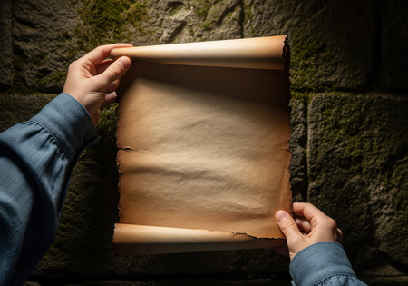 Two hands holding a blank antique parchment scroll unfurled against a dark textured stone wall covered in moss, providing ample copy space for text or design elements.の素材