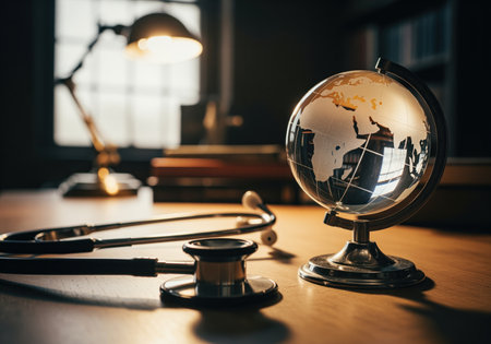 A stethoscope and a glass world globe sit on a wooden desk in a doctor office, symbolizing the concept of global health, international medicine, and worldwide healthcare.の素材