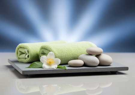 Two rolled green towels, smooth gray spa stones, and a white flower with leaves are arranged on a dark square platter against a soft blue background, creating a tranquil still life symbolizing relaxation and wellness therapy.の素材