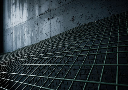 Weathered metal wire mesh barrier dominates the foreground, stretching diagonally toward a dark, gritty, and wet industrial concrete wall texture under low key lighting conditions.の素材