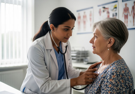 A professional young indian doctor in a white coat uses a stethoscope to listen to the heartbeat of an elderly female patient during a routine medical consultation in a clinic.の素材