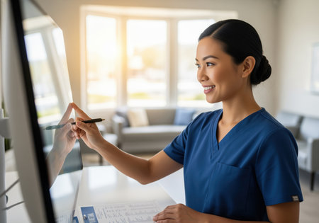 Smiling asian healthcare professional in blue scrubs using a pen and finger to interact with a large digital touchscreen monitor in a bright, modern clinic or hospital office setting.の素材