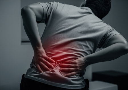 Adult man seen from the back gripping his lower back area highlighted in red, symbolizing severe pain, injury, discomfort, or chronic medical condition.の素材