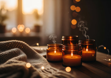 Four amber jar candles are burning brightly on a wooden surface, creating a warm, cozy atmosphere with soft bokeh lights and wisps of smoke rising next to a textured knitted blanket, suggesting relaxation and comfort during a cold evening.の素材