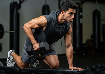 Muscular young man performs a one arm dumbbell row exercise on a bench inside a dark modern gym, focusing intently on building strength, fitness, and definition in his back and arm muscles.の素材