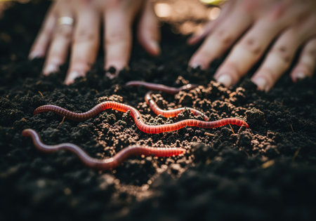 A macro perspective showing several red earthworms moving through rich dark fertile soil with the blurred hands of a gardener gently tending to the ground.の素材