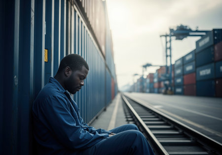 A tired and stressed black man in work clothes sits on the ground, leaning against a blue shipping container in a vast industrial port with railway tracks and cranes.の素材