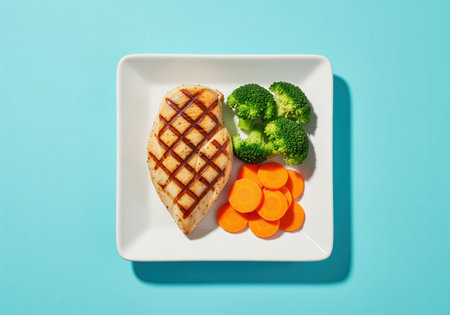 A healthy, balanced meal featuring a perfectly grilled chicken breast with distinct char marks, accompanied by vibrant green broccoli florets and bright orange carrot slices, presented on a white plate.の素材
