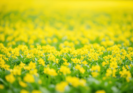 A beautiful, expansive field of bright yellow wildflowers and green leaves captured with a shallow depth of field, creating a dreamy, vibrant natural background. ideal for spring and nature themes.の素材
