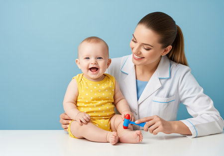 A smiling female pediatrician performs a reflex test on a happy baby wearing a yellow romper during a routine checkup. this image conveys trust, health, and quality pediatric care.の素材