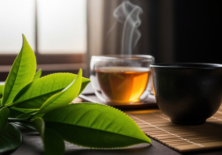 A close up shot of vibrant green tea leaves beside a steaming glass cup of amber colored tea and a dark ceramic bowl, evoking a sense of warmth and traditional ritual. this setting is perfect for wellness, relaxation, and beverage content.の素材