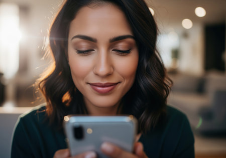 Close up shot of a happy woman using her mobile device indoors, enjoying social media, texting, or browsing content. her relaxed expression conveys satisfaction and digital connection.の素材