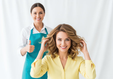 A satisfied female customer proudly displays her fresh, bouncy, blonde hairstyle while the professional hairdresser stands behind her, smiling and giving a positive thumbs up sign.の素材