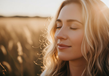 A beautiful blonde woman closes her eyes in peaceful contemplation, basking in the warm glow of the golden hour sun. this intimate portrait conveys feelings of tranquility, wellness, and natural beauty.の素材