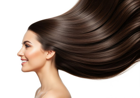 A close up profile shot of a beautiful young woman smiling, showcasing her voluminous, shiny, and healthy dark brown hair dramatically flowing in the wind. ideal for beauty and hair care advertising.の素材