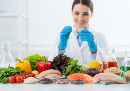 A smiling female scientist in a lab coat and gloves analyzes food samples, including fresh vegetables, raw protein, and grains, emphasizing nutrition research and quality control in a bright laboratory setting.の素材