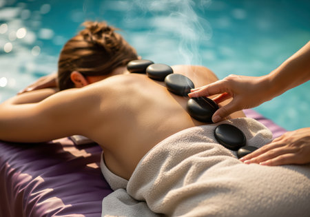 A close up shot of a woman relaxing while receiving a therapeutic hot stone massage outdoors. a therapist places smooth, steaming basalt stones on her back to relieve tension and promote deep relaxation.の素材