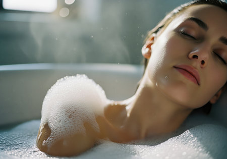 A beautiful young woman enjoys a moment of peaceful self care, reclining in a luxurious hot bubble bath with her eyes closed, highlighted by soft, cinematic lighting and rising steam.の素材