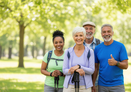 A diverse group of four smiling friends, including seniors, stand together holding trekking poles, ready for a hike in a sunny park, representing active aging and healthy outdoor lifestyle.の素材