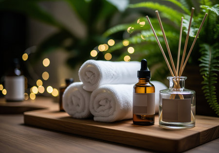 A tranquil spa arrangement featuring stacked white rolled towels, an amber essential oil bottle, and a reed diffuser on a wooden tray, perfect for promoting relaxation and self care.の素材