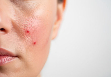 Detailed view of a woman cheek displaying inflamed, red skin with two prominent acne blemishes. useful for illustrating dermatology issues, skincare treatments, and facial breakouts.の素材