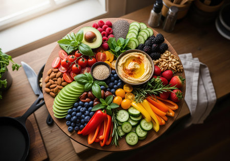An overhead view of a colorful, healthy vegan snack board featuring hummus, fresh berries, sliced vegetables, avocado, and nuts arranged artfully on a wooden serving platter. perfect for healthy entertaining or appetizers.の素材