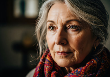 A dramatic close up portrait captures the thoughtful expression of an elegant senior woman with striking gray hair and a vibrant patterned scarf, suggesting quiet reflection or deep emotion.の素材