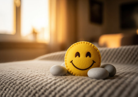 A soft yellow felt smiley face plush toy is placed among smooth grey stones on a textured beige blanket. the scene is bathed in warm, golden light, conveying feelings of comfort, happiness, and positivity.の素材
