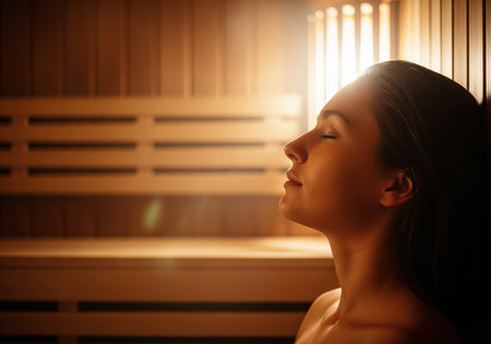 A peaceful young woman with closed eyes relaxes in the warm, dimly lit wooden interior of a sauna or steam room. this image conveys wellness, tranquility, and detoxification.の素材