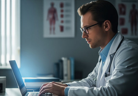 A focused young male physician wearing a lab coat and glasses diligently types on a laptop, analyzing patient data or medical records in a dimly lit, professional office environment. this image is suitable for healthcare, technology, and medical research themes.の素材