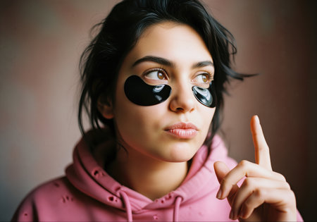 A close up portrait of a young woman wearing black hydrogel patches under her eyes for skincare, looking thoughtful while raising her index finger. this image is perfect for beauty and wellness content.の素材