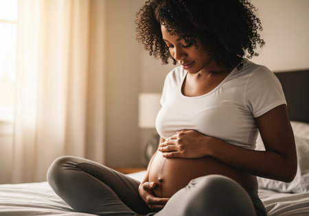A beautiful african american woman in the late stages of pregnancy sits cross legged on a bed, tenderly looking down and cradling her exposed baby bump. this intimate moment captures the anticipation of motherhood and maternal love.の素材