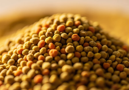 A detailed macro shot of a gently mounded pile of golden and orange bee pollen granules, highlighting the texture and rich colors. this natural superfood is often used for health, nutrition, and dietary supplements.の素材