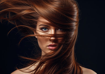 A dramatic studio portrait featuring a beautiful young woman with long, shiny auburn hair blowing across her face, highlighting volume and movement. ideal for beauty, fashion, and hair care advertising.の素材