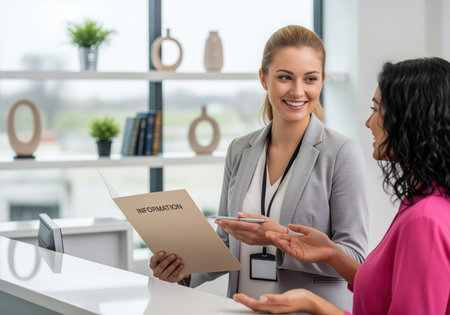 A smiling female administrative assistant in a grey blazer provides information from a folder to a client at a modern reception desk. this depicts excellent customer service and professional communication in a corporate setting.の素材