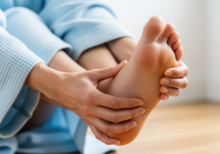 Close up shot of a woman in a bathrobe gently rubbing the sole of her foot, focusing on the arch and heel. this illustrates foot pain, self massage, and daily wellness routine.の素材