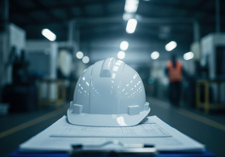 A close up shot of a white safety hard hat placed on a clipboard with documents, representing industrial safety, construction management, and engineering planning in a manufacturing environment.の素材