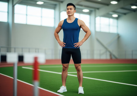 A confident young asian man wearing athletic gear stands ready on an indoor track field with his hands on his hips. this image conveys determination, fitness, and preparation for sports or training.の素材