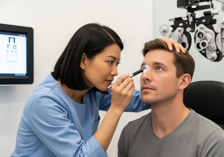 A professional female ophthalmologist uses a penlight to check the pupil and overall eye health of a male patient during a routine vision examination in a modern clinic.の素材