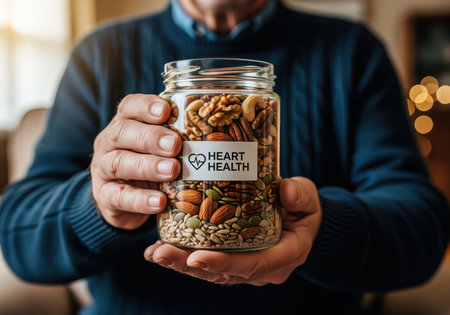 Close up of a man holding a glass jar filled with walnuts, almonds, pecans, and seeds, featuring a heart health label, emphasizing healthy eating and cardiovascular wellness.の素材