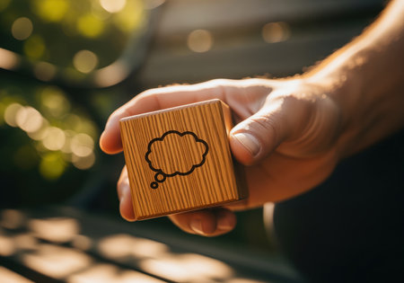 A close up shot of a hand holding a polished wooden block featuring a thought bubble icon, symbolizing communication, creativity, and brainstorming. this image is suitable for concepts related to thinking and ideas.の素材