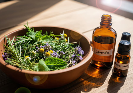 A collection of fresh aromatic herbs like lavender, rosemary, mint, and chamomile in a wooden bowl next to amber bottles of essential oils, suggesting natural wellness and herbal medicine preparation.の素材
