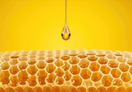 Close up view of a viscous drop of pure golden honey falling onto a section of natural beeswax honeycomb. perfect for food, dessert, health, and natural product advertising.の素材