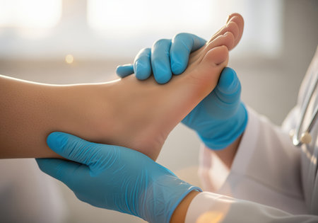 Close up of a healthcare professional wearing blue protective gloves gently examining or treating a patient bare foot and ankle in a clinical setting. useful for medical and wellness content.の素材