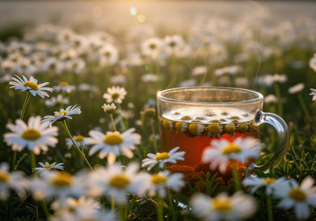 A close up of steaming chamomile tea in a glass mug, surrounded by a lush field of white daisy flowers bathed in soft golden sunlight. this evokes relaxation, wellness, and natural remedies.の素材