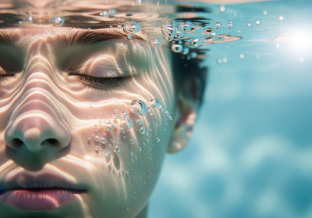 A peaceful close up shot of a person face submerged underwater, featuring closed eyes and mesmerizing light patterns from the surface, conveying tranquility and refreshment.の素材