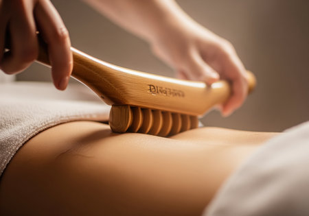 A close up shot captures a therapist performing maderotherapy, using a specialized wooden roller tool to massage the lower back and hip area of a client during a spa treatment session. this technique promotes circulation and reduces cellulite.の素材