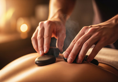 A close up view of a therapist performing a hot stone massage, carefully placing warm basalt stones on a person back. this therapeutic treatment promotes deep relaxation and muscle relief in a luxurious spa setting.の素材