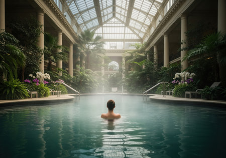 A man enjoys a relaxing soak in a luxurious indoor spa pool set within a grand greenhouse style atrium. the space features classical columns, abundant tropical foliage, and a steaming hot tub, perfect for wellness and retreat concepts.の素材